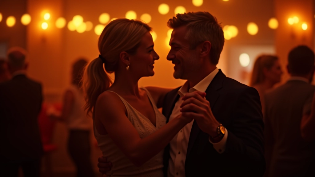 Two adults dancing together in a dimly lit venue with warm lighting and other dancers visible in the background