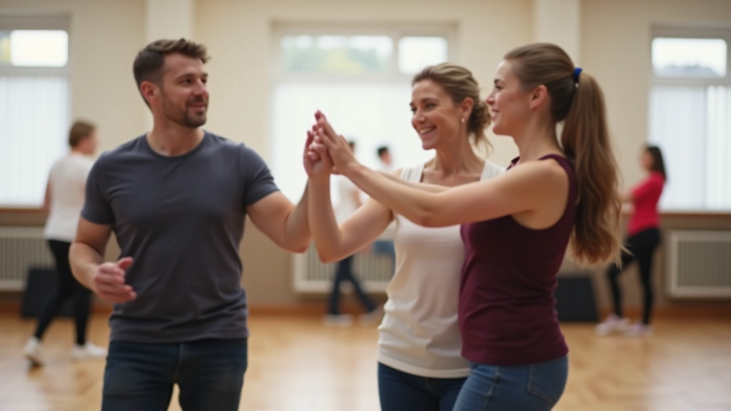 Group of adults in casual clothing practicing basic dance steps in a bright studio with wooden floors