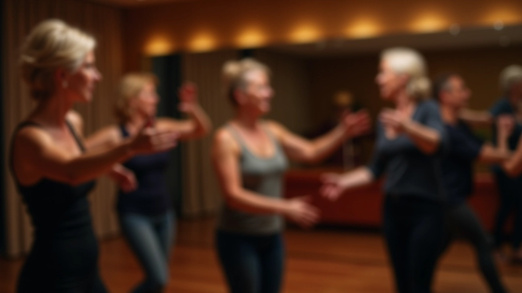 Group of adults in a modern dance studio with mirrors, practicing bachata with attentive focus