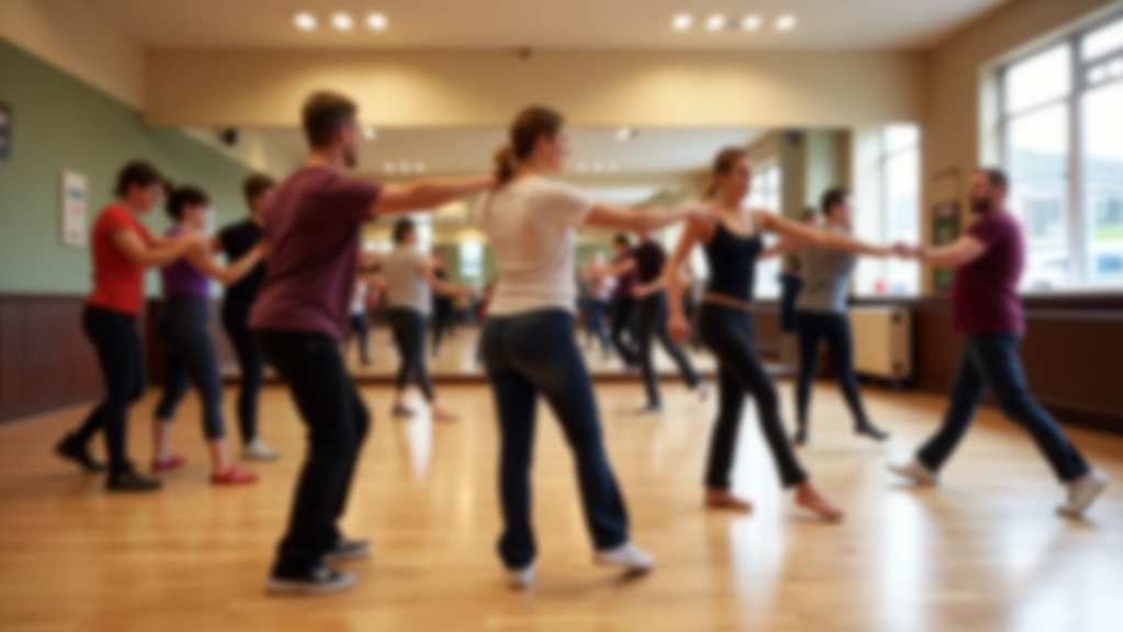 Bright dance studio with wooden floor, mirrors on walls, group of adults in casual clothing during class