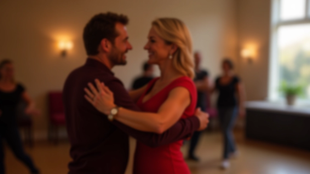 Two adult dancers in a dance studio, woman in red dress and man in dark shirt, mid-salsa movement, bright natural lighting