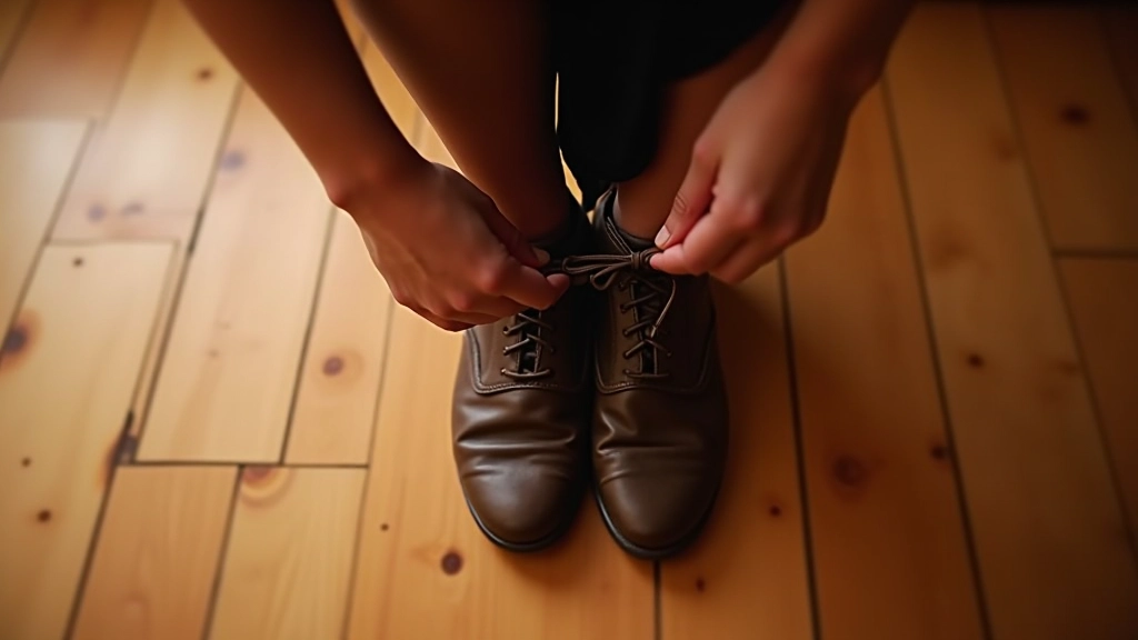 Person tying dance shoes before class, close-up of proper dance footwear on wooden floor