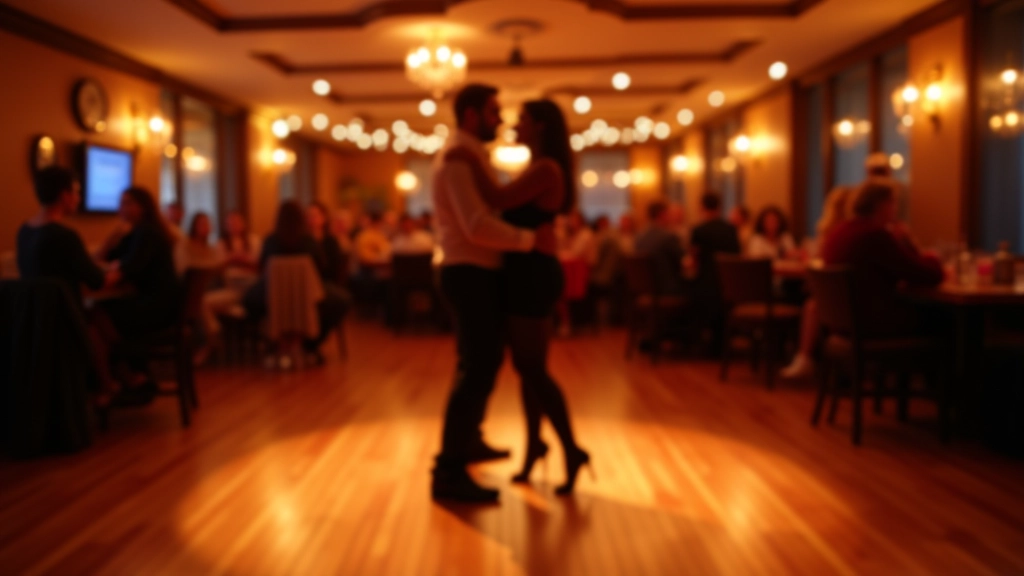Interior of a Dublin dance venue with wooden floors, dim warm lighting, and couples dancing in the foreground