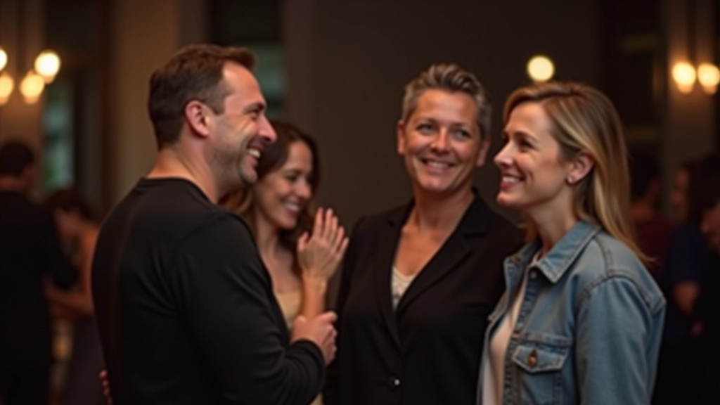 Diverse group of adults socializing and chatting in a dance studio venue during a social event