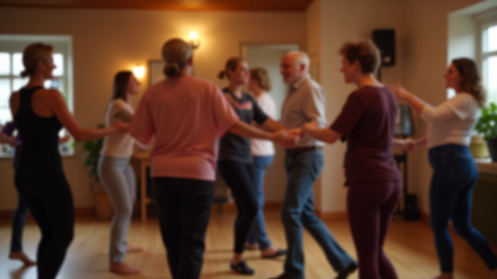 Small group of beginner adult dancers practicing together in a supportive dance class setting