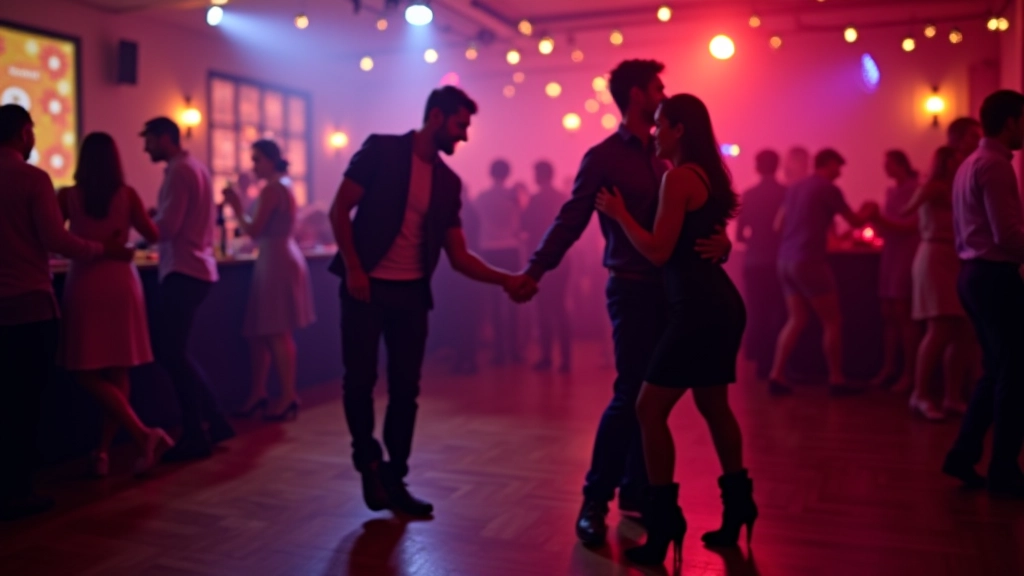 A lively Dublin social dance event with multiple couples on a dance floor, colorful lighting, and a celebratory atmosphere